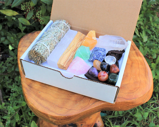 Crystal Healing & Cleansing Kit, 15 pcs Box Set: 7 Chakra Tumbled Crystals, Sage Smudge, Palo Santo, Natural Rough Stones and Directions! - DukeCityHerbs