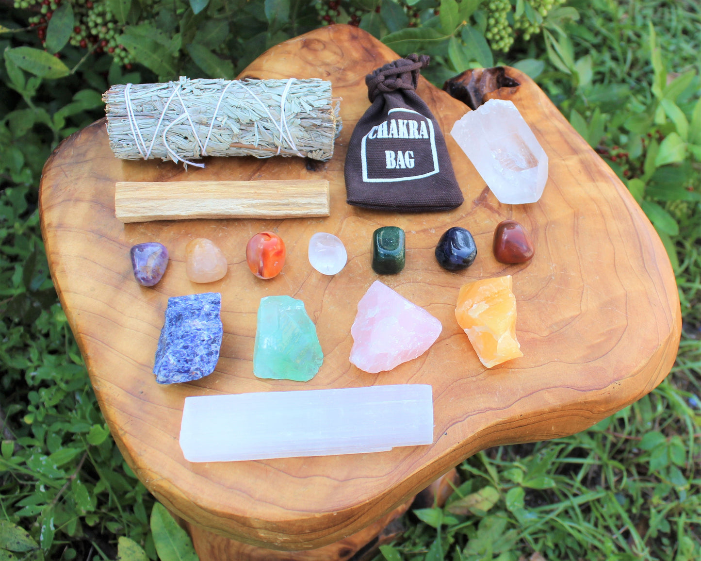 Crystal Healing & Cleansing Kit, 15 pcs Box Set: 7 Chakra Tumbled Crystals, Sage Smudge, Palo Santo, Natural Rough Stones and Directions! - DukeCityHerbs