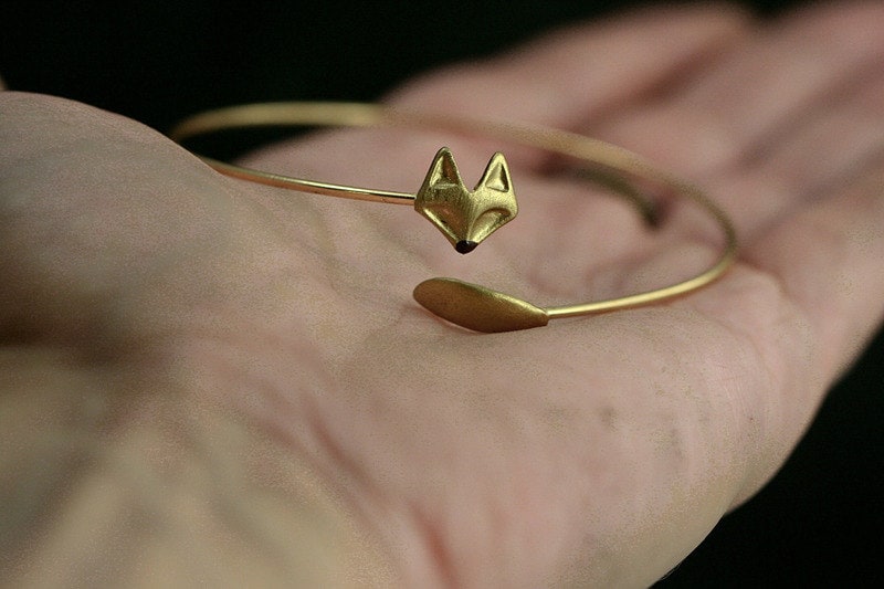 Delicate hand gilded fox bangle. Fox and tail, hand gilded and enameled. Adjustable wrap bangle. - DukeCityHerbs
