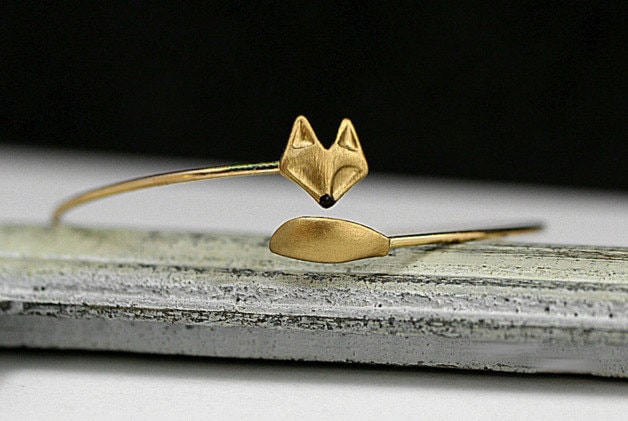 Delicate hand gilded fox bangle. Fox and tail, hand gilded and enameled. Adjustable wrap bangle. - DukeCityHerbs