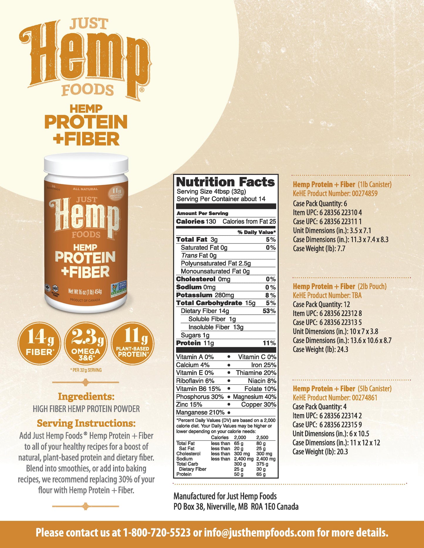 Just Hemp Foods Hemp Protein & Fiber Powder, 11g of Protein & 11g of Fiber per Serving, 16 oz - DukeCityHerbs