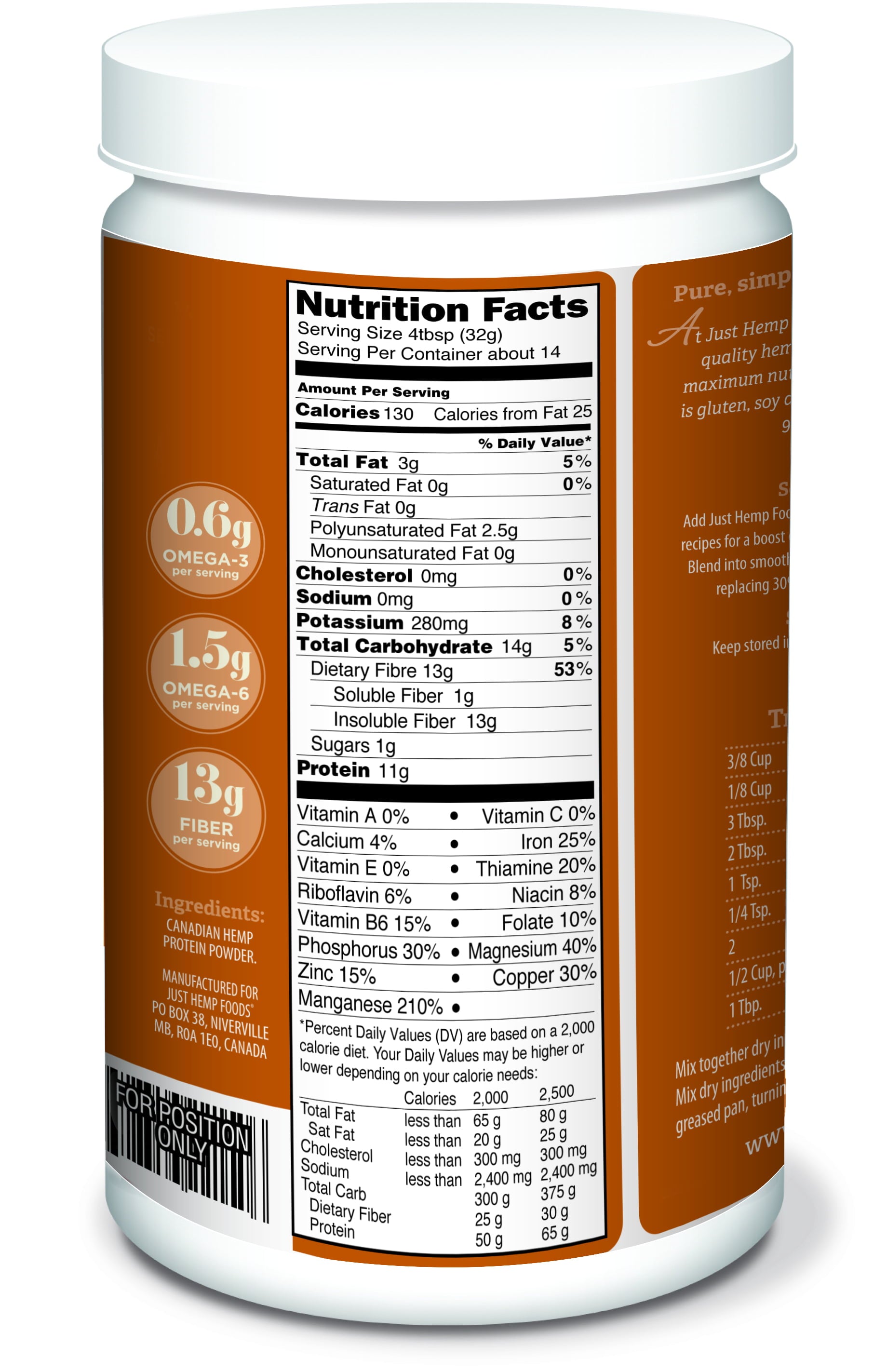 Just Hemp Foods Hemp Protein & Fiber Powder, 11g of Protein & 11g of Fiber per Serving, 16 oz - DukeCityHerbs