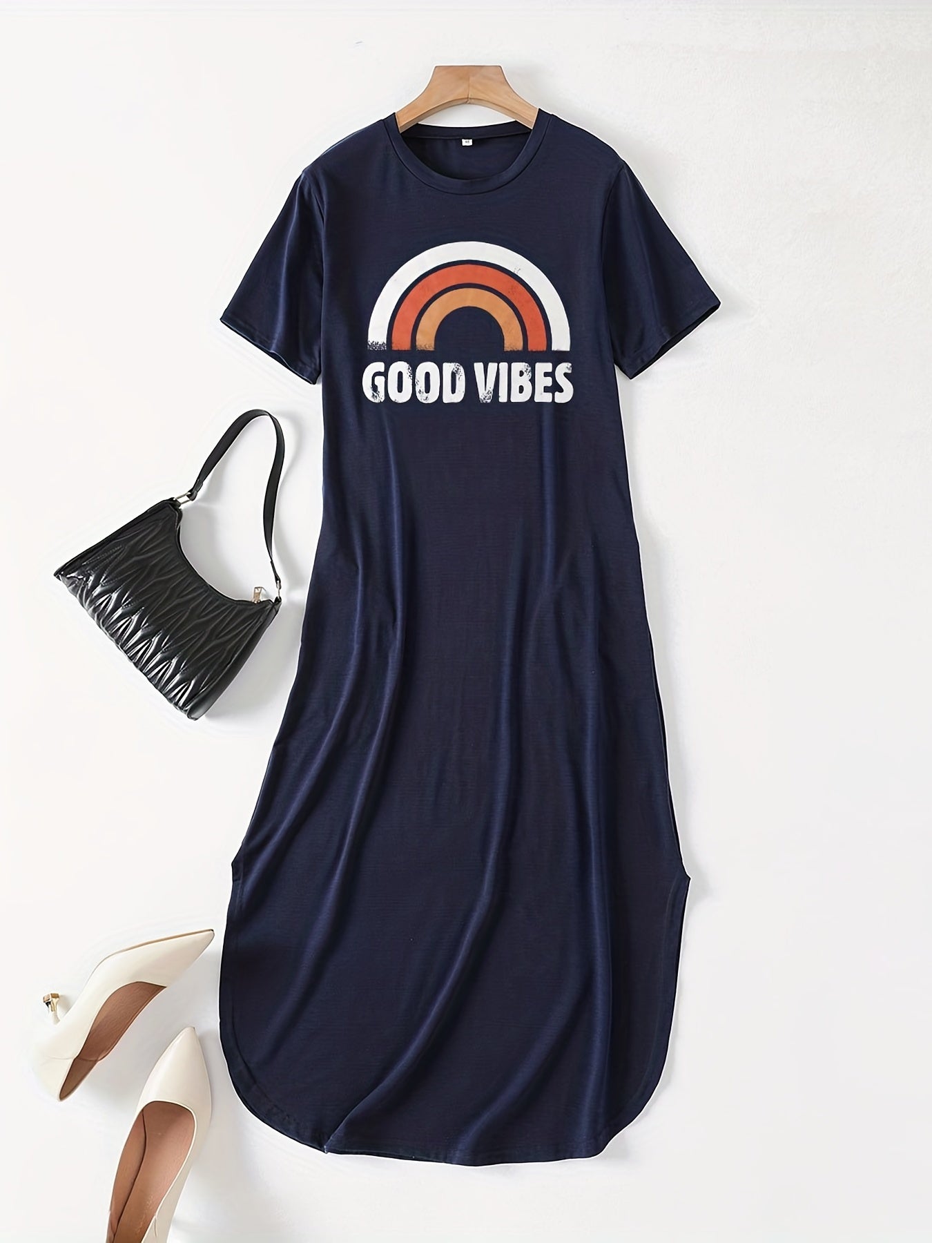 good vibes t shirt dress Good Vibes Letter Print Dress, Casual Crew Neck Short Sleeve Maxi Dres DukeCityHerbs