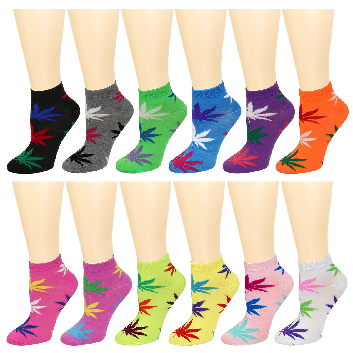 12 Pairs Women's Ankle Socks Size 9-11 Assorted Colors Leaves - DukeCityHerbs