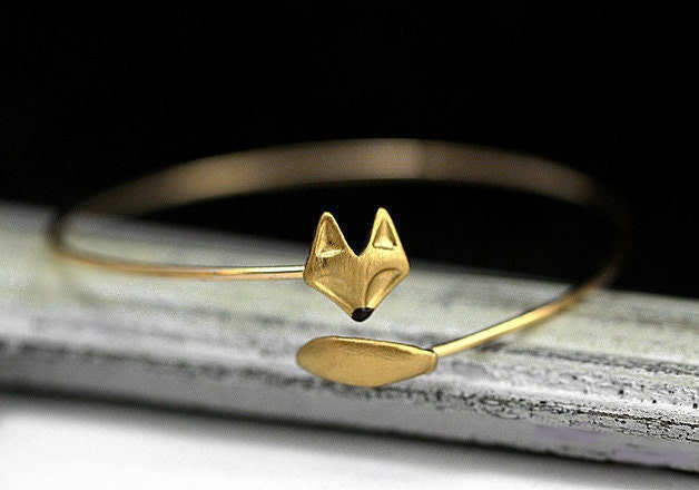 Delicate hand gilded fox bangle. Fox and tail, hand gilded and enameled. Adjustable wrap bangle. - DukeCityHerbs