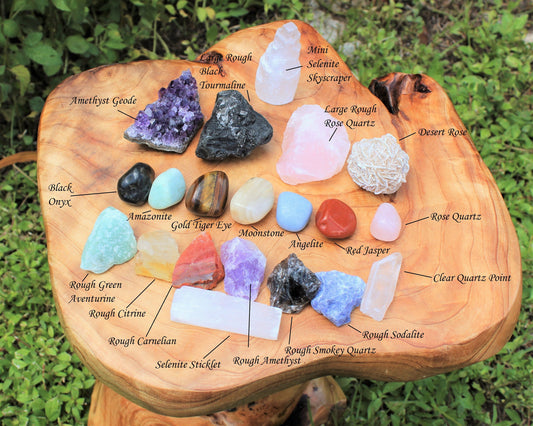 Beginners Crystal Kit, 20 pcs - Chakra Protection Healing Sets PLUS Natural Rough & Tumbled Crystal Specimens (Healing Crystals and Stones) - DukeCityHerbs