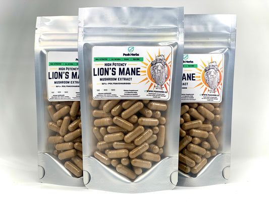 Lion’s Mane Capsules - Pure Mushroom Dual Extract 50% Polysaccharides, No Fillers - Peak Herbs - DukeCityHerbs