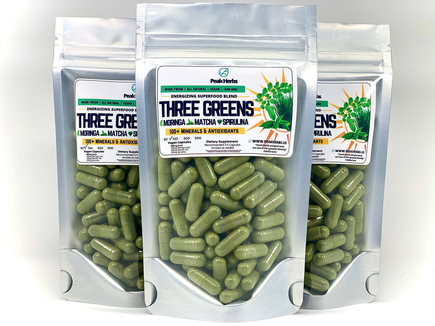 Moringa + Matcha + Spirulina Capsules - Three Greens Superfood - Peak Herbs - DukeCityHerbs