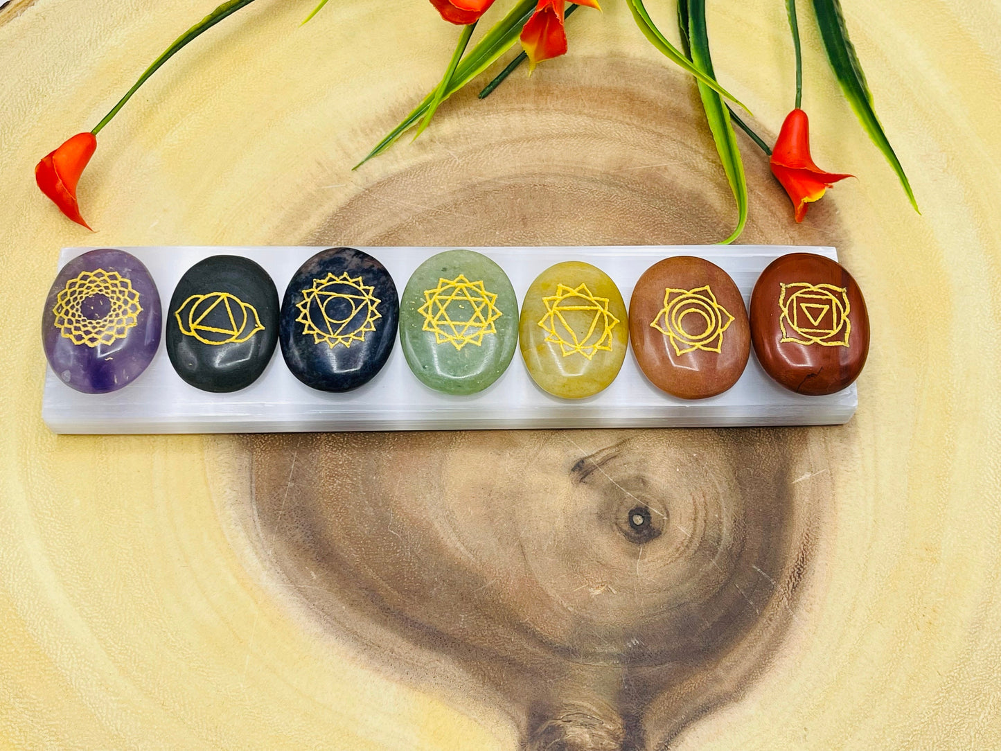 7 Chakra Oval Palm Stone Set with Engraved Chakra Symbols | Polish Chakra Smooth Stones | Chakra Healing Crystals | Reiki | Selenite Charger - DukeCityHerbs