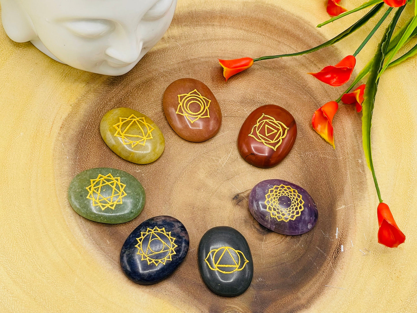 7 Chakra Oval Palm Stone Set with Engraved Chakra Symbols | Polish Chakra Smooth Stones | Chakra Healing Crystals | Reiki | Selenite Charger - DukeCityHerbs