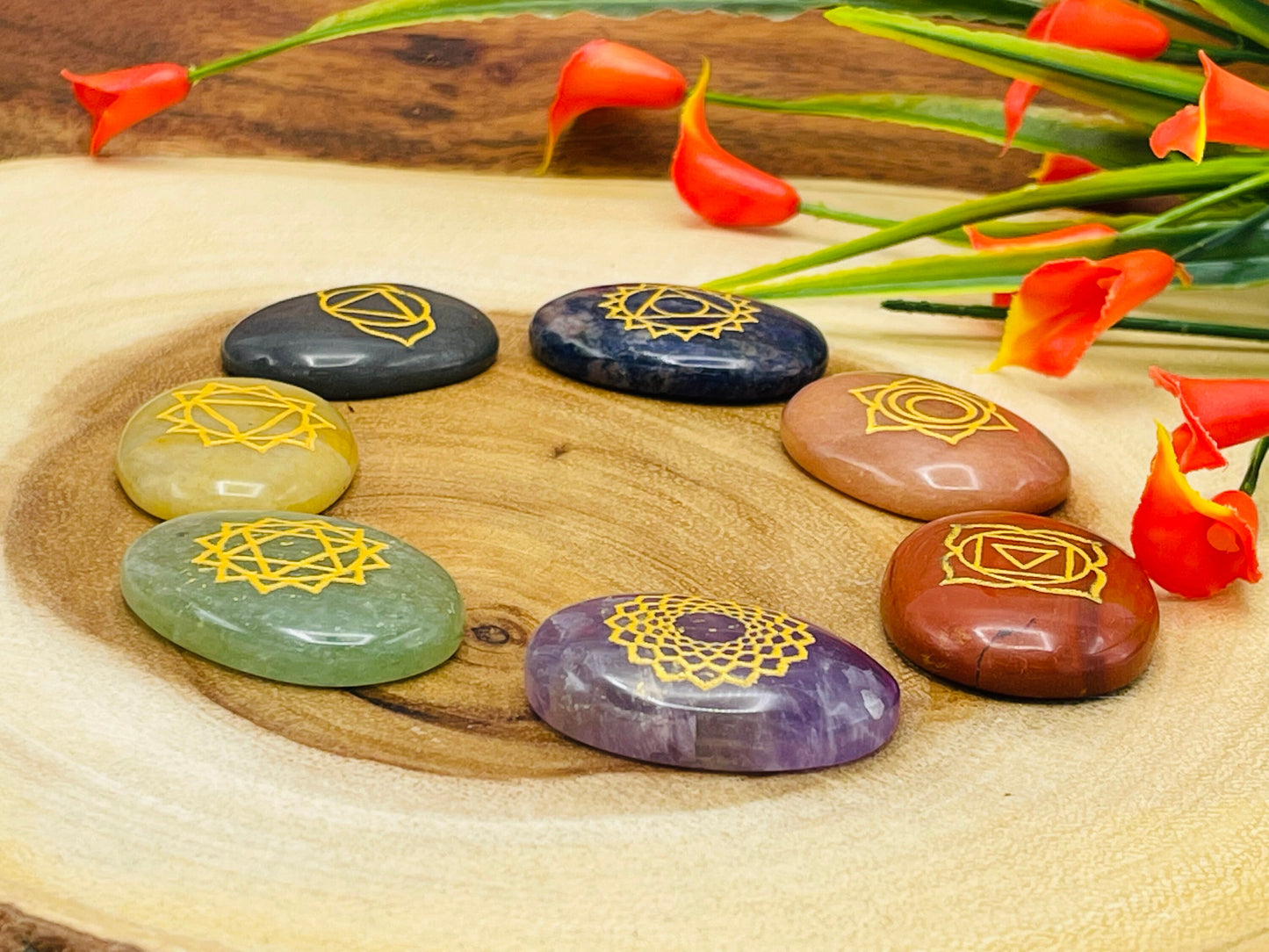 7 Chakra Oval Palm Stone Set with Engraved Chakra Symbols | Polish Chakra Smooth Stones | Chakra Healing Crystals | Reiki | Selenite Charger - DukeCityHerbs