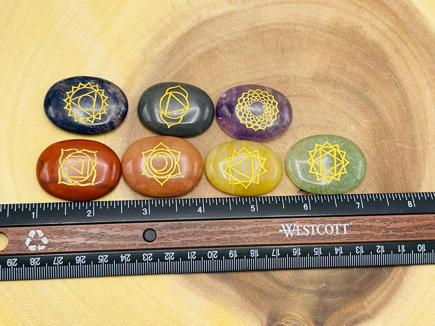 7 Chakra Oval Palm Stone Set with Engraved Chakra Symbols | Polish Chakra Smooth Stones | Chakra Healing Crystals | Reiki | Selenite Charger - DukeCityHerbs