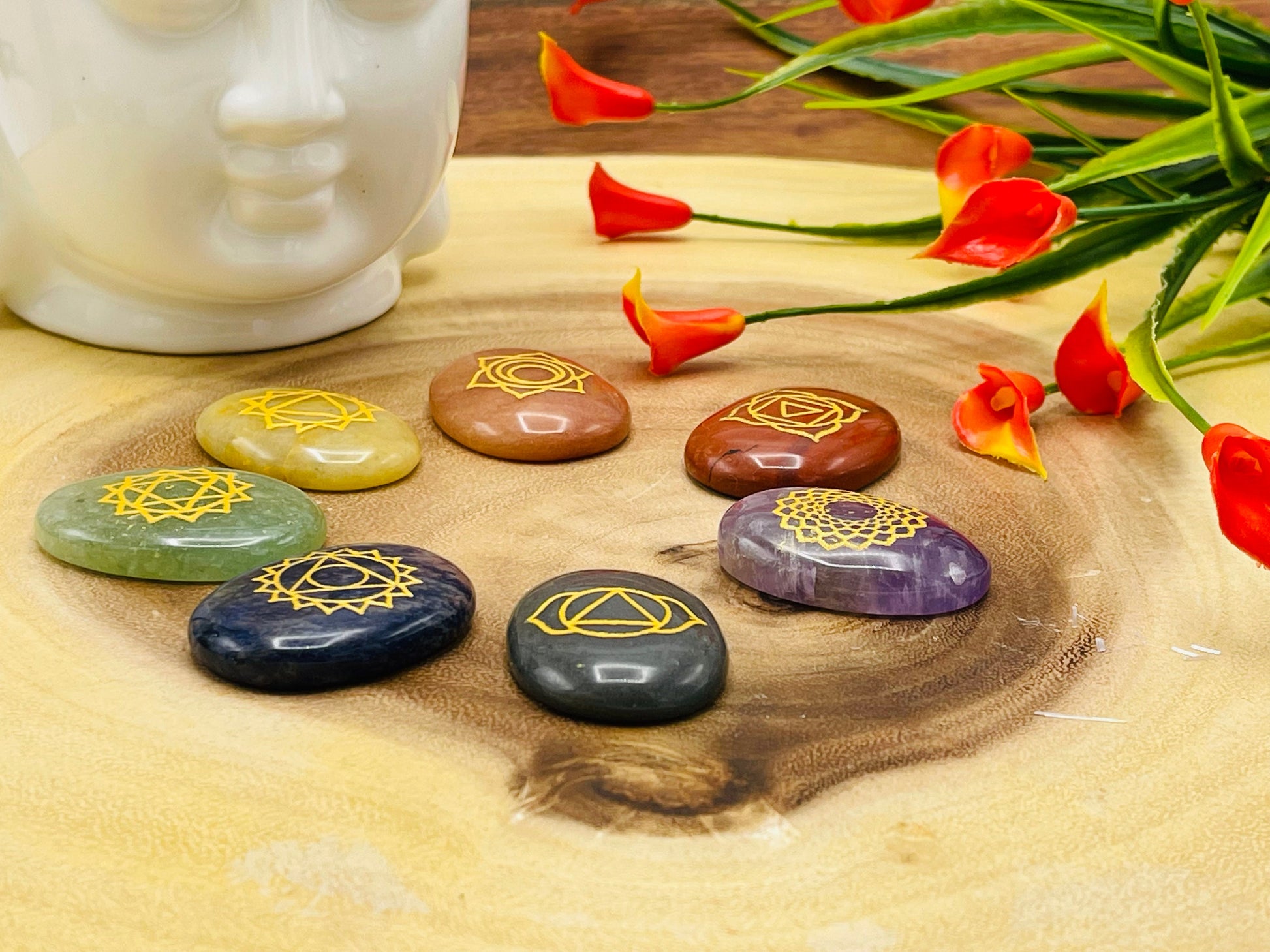 7 Chakra Oval Palm Stone Set with Engraved Chakra Symbols | Polish Chakra Smooth Stones | Chakra Healing Crystals | Reiki | Selenite Charger - DukeCityHerbs