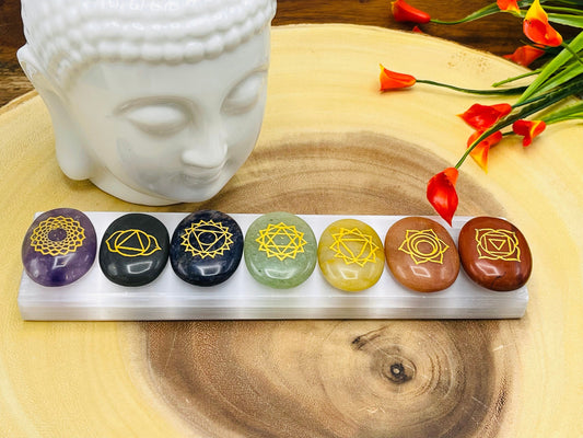 7 Chakra Oval Palm Stone Set with Engraved Chakra Symbols | Polish Chakra Smooth Stones | Chakra Healing Crystals | Reiki | Selenite Charger - DukeCityHerbs