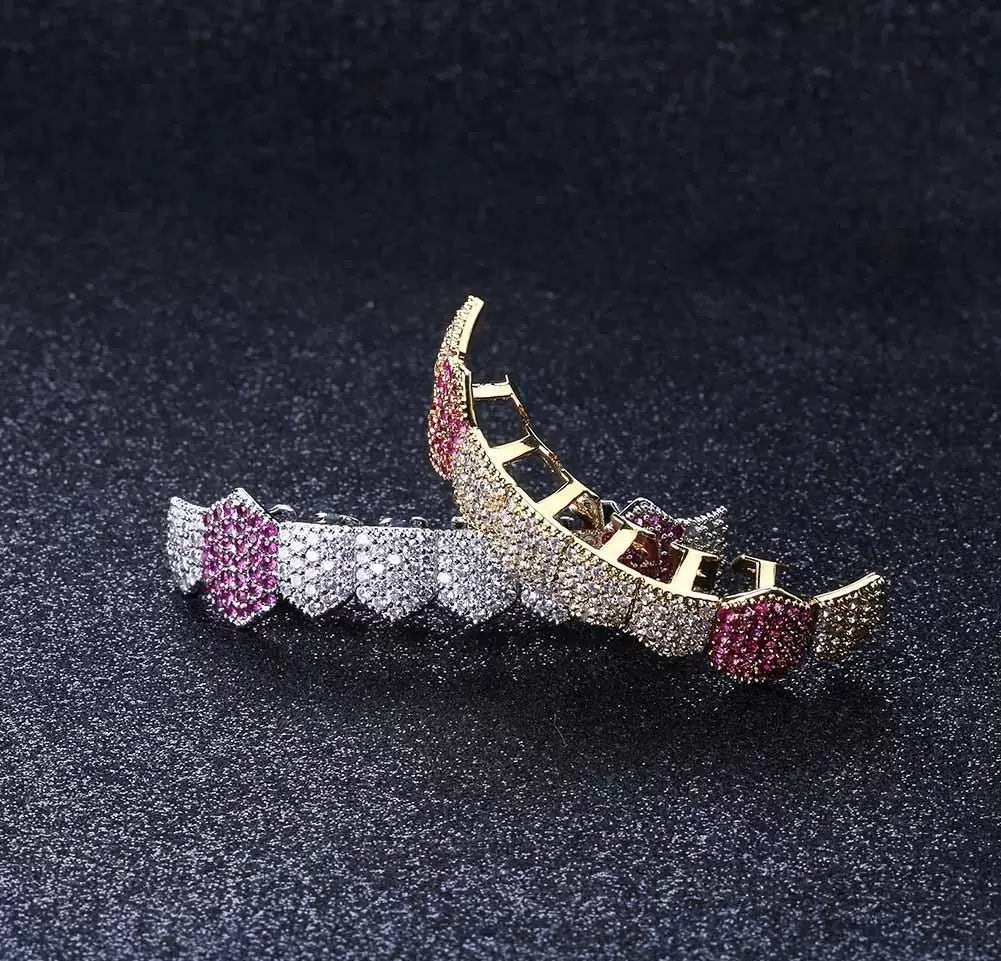 18k Gold Teeth Braces Punk Hip Hop Multicolor Diamond Custom Bottom Teeth Grillz Dental Mouth Fang Grills Tooth Cap Vampire - DukeCityHerbs