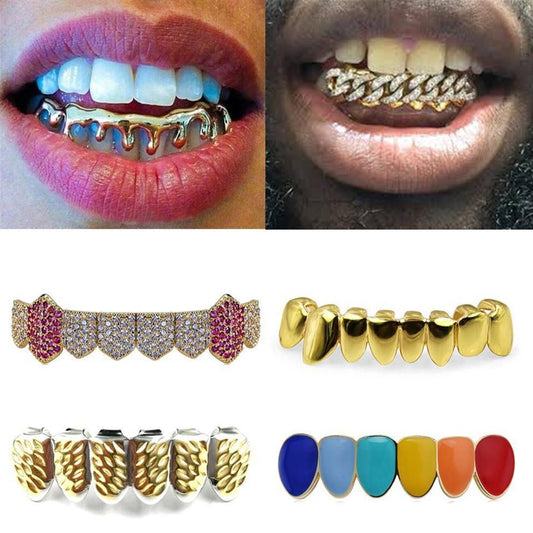 18k Gold Teeth Braces Punk Hip Hop Multicolor Diamond Custom Bottom Teeth Grillz Dental Mouth Fang Grills Tooth Cap Vampire - DukeCityHerbs